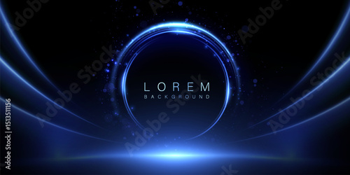 Abstract bright background with neon blue glowing circle and light effects on dark scene.