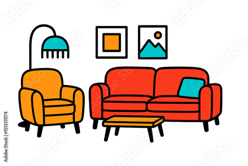 Cozy living room setup with colorful furniture and wall art in a modern style