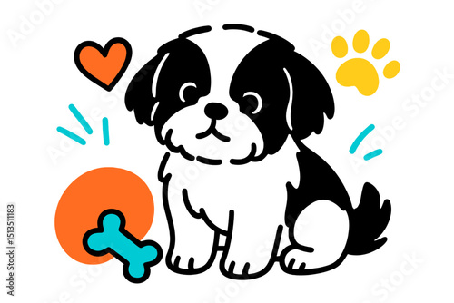 Cute cartoon dog sitting with a playful expression and colorful icons like a bone and heart