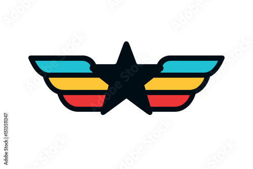 Colorful star insignia with wings designed for a retro-inspired aesthetic in a modern artistic style