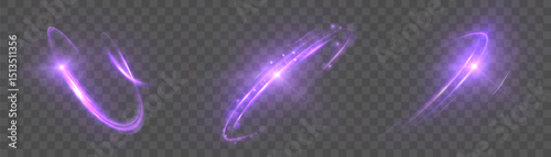A set of swirling light trails with glowing sparks on a transparent background. Vibrant purple arcs are perfect for motion effects, sci-fi energy loops or magical transitions.