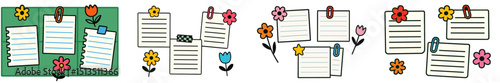 Colorful stationery items arranged creatively on a surface with paper clips and flowers enhancing the aesthetic appeal