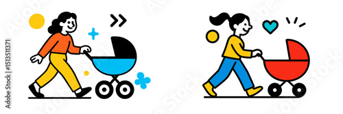 Two women walking with strollers in a vibrant, simplified illustration showcasing parenting and daily life moments