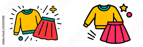 Colorful clothing items featuring a yellow sweater and a pink skirt designed in a playful style for kids