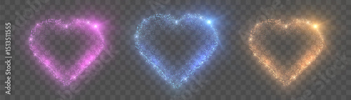 
Glowing hearts made of sparkling pink, blue and gold colored particles on a transparent background. Bright glow for romantic designs, Valentine's Day or festive love themes.