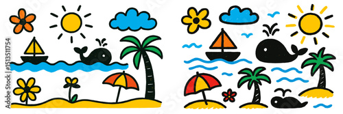 Colorful doodles of beach and ocean scenes featuring whales, sailboats, sun, and palm trees in a playful style