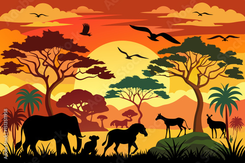 wild animals in the sunset vector