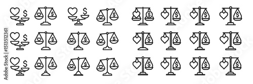 Balancing values of love and money in symbolic icons representing choices and priorities