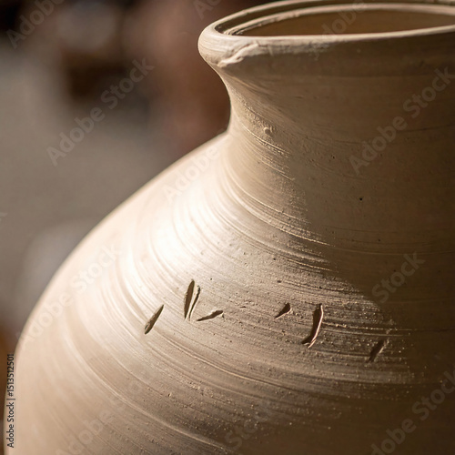 Closeup of a handcrafted clay vase, still in progress. Earthy texture and artisanal feel convey creativity, tradition, and the beauty of imperfection. Craft concepts.