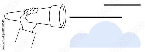 Hand grips a telescope aimed at a cloudy horizon with minimalist lines indicating vision and focus. Ideal for exploration, goals, future, strategy, discovery, ambition, perspective. Flat simple