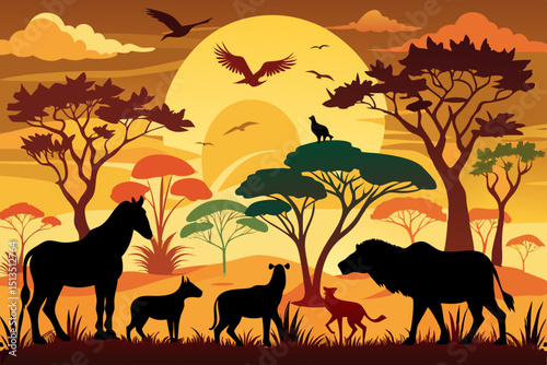 wild animals in the sunset vector