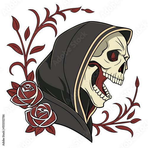 Hooded Skull With Gothic Roses and Vine Decoration