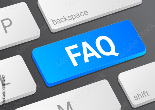 Close Up FAQ Button on Laptop or Computer Keyboard for Frequently Asked Questions, Help, Support, Information, and 3D Technology Interface Illustration