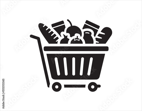 Shopping cart icon. A full basket of groceries. Concept of a special deal or sale. Mobile grocery store or supermarket. Shopping online.
