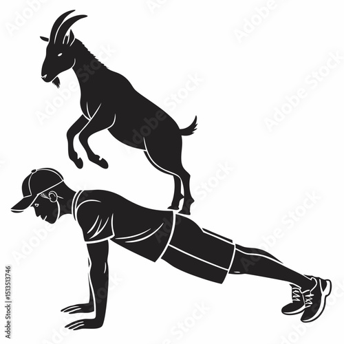 Silhouette of a man doing a plank with a goat jumping