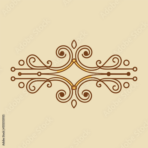 Ornate Vintage Decorative Swirl Design in Gold and Brown on Beige Background