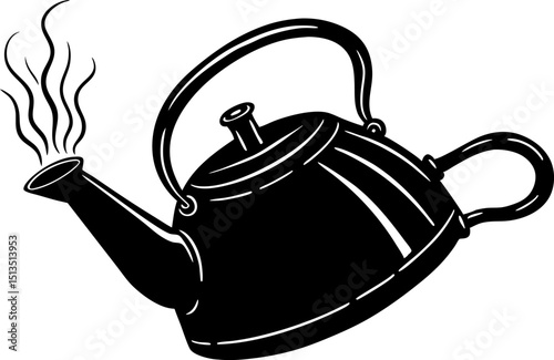 Silhouette of a kettle pouring hot water. teapot and cup