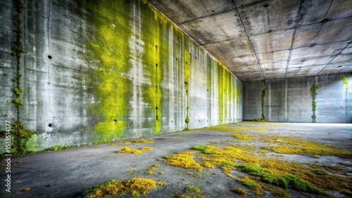 A forgotten chamber, its concrete walls adorned with vibrant moss, hinting at the passage of time and nature's reclamation