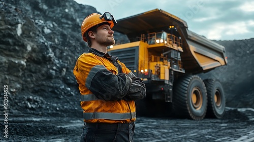 Confident Mine Worker Stands Near Large Haul Truck