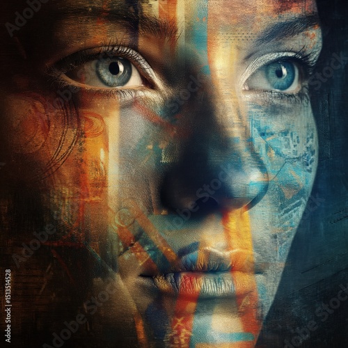 Abstract portrait combining facial features with symbolic personal values layers, visualizing authentic identity and self-expression through artistic digital composition and gradient lighting