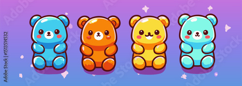 Four cute, colorful gummy bear characters in kawaii cartoon style on a violet background. The up-to-date, popular style is kawaii, featuring bold outlines and glossy, vibrant colors.
