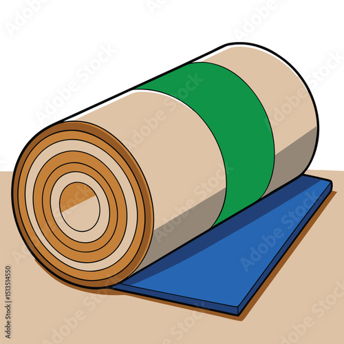 Rolled Camping Mat with Green Strap on Wooden Tabletop