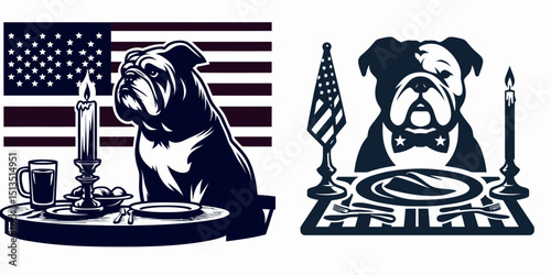 bulldog with american flag Candlelit Dinner. 4th of July Independence Day Patriotism USA Clipart Vector Illustration. Patriotic canine united states banner romantic supper illumination.