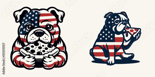 bulldog with american flag eat pizza. 4th of July Independence Day Patriotism USA Clipart Vector Illustration. Canine star-spangled banner devour slice pie patriotic themed image.
