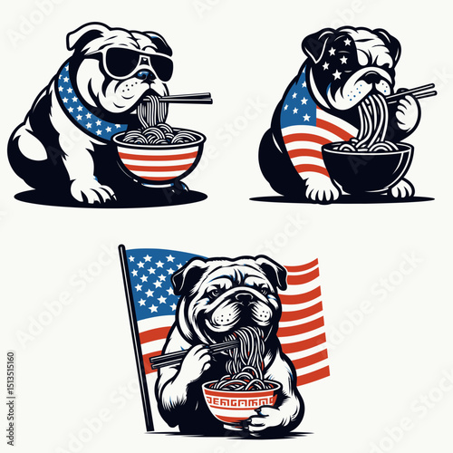 bulldog with american flag eat ramen. 4th of July Independence Day Patriotism USA Clipart Vector Illustration. Canine national banner devour noodle meal patriotic pet chow enjoyment.