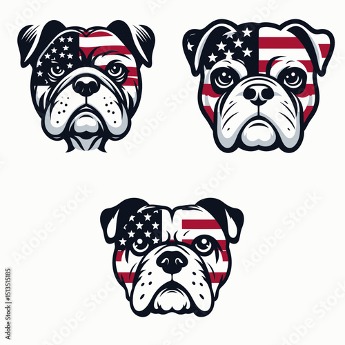 bulldog with american flag Eyes Locked in Intimacy. 4th of July Independence Day Patriotism USA Clipart Vector Illustration. Canine pet patriotic banner gaze connection closeness.