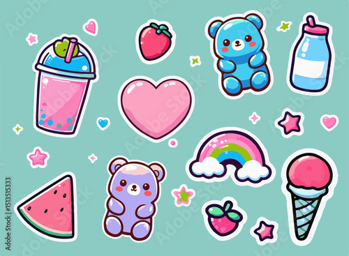 Kawaii vector sticker set with gummy bears, sweets, fruits, milk, and hearts on a pastel background. The image uses the trendy kawaii style—cute, bright, glossy, and outlined elements.

