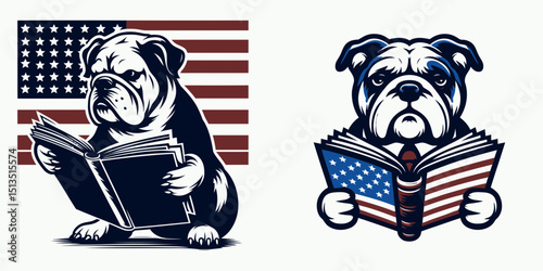 bulldog with american flag Reading together. 4th of July Independence Day Patriotism USA Clipart Vector Illustration. Canine pal star-spangled banner enjoying book united nation theme.