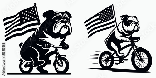bulldog with american flag ride bikecycle. 4th of July Independence Day Patriotism USA Clipart Vector Illustration. Canine pet dog united states banner on cycle bicycle travel freedom.