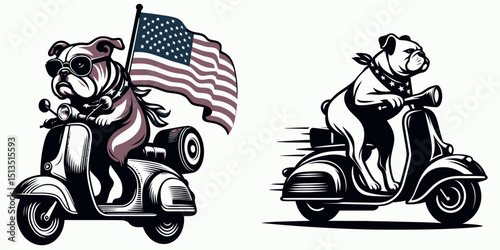 bulldog with american flag ride retro scooter. 4th of July Independence Day Patriotism USA Clipart Vector Illustration. Canine star-spangled banner cruises vintage moped patriotic voyage.