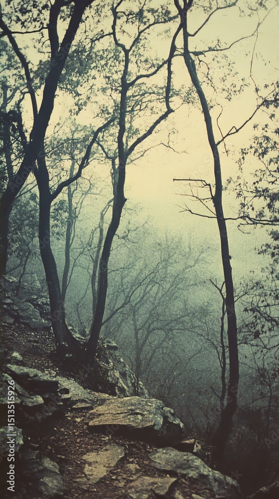 Obraz premium A misty forest path lined with tall trees, creating a serene and mysterious atmosphere in nature's embrace.