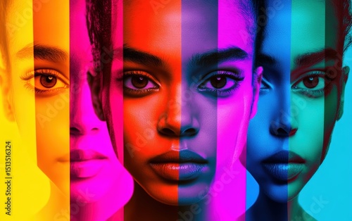Colorful portrait featuring repeated graphic elements with contrasting colors and black outlines captured in high key studio lighting for personal identity concepts