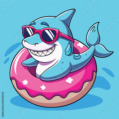 A cool shark mascot in mirrored shades, floating on a pink inflatable donut