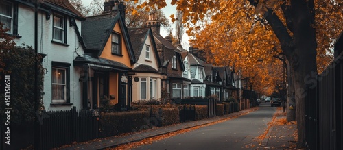 Quaint suburban street bathed in warm autumn light, traditional homes