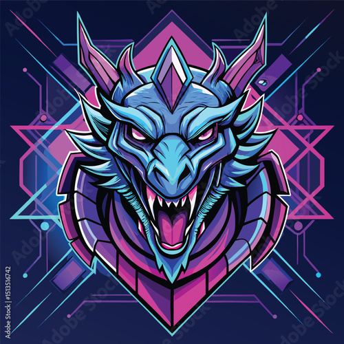 A fierce cyber dragon mascot logo vector, glowing neon circuits integrated into its scales