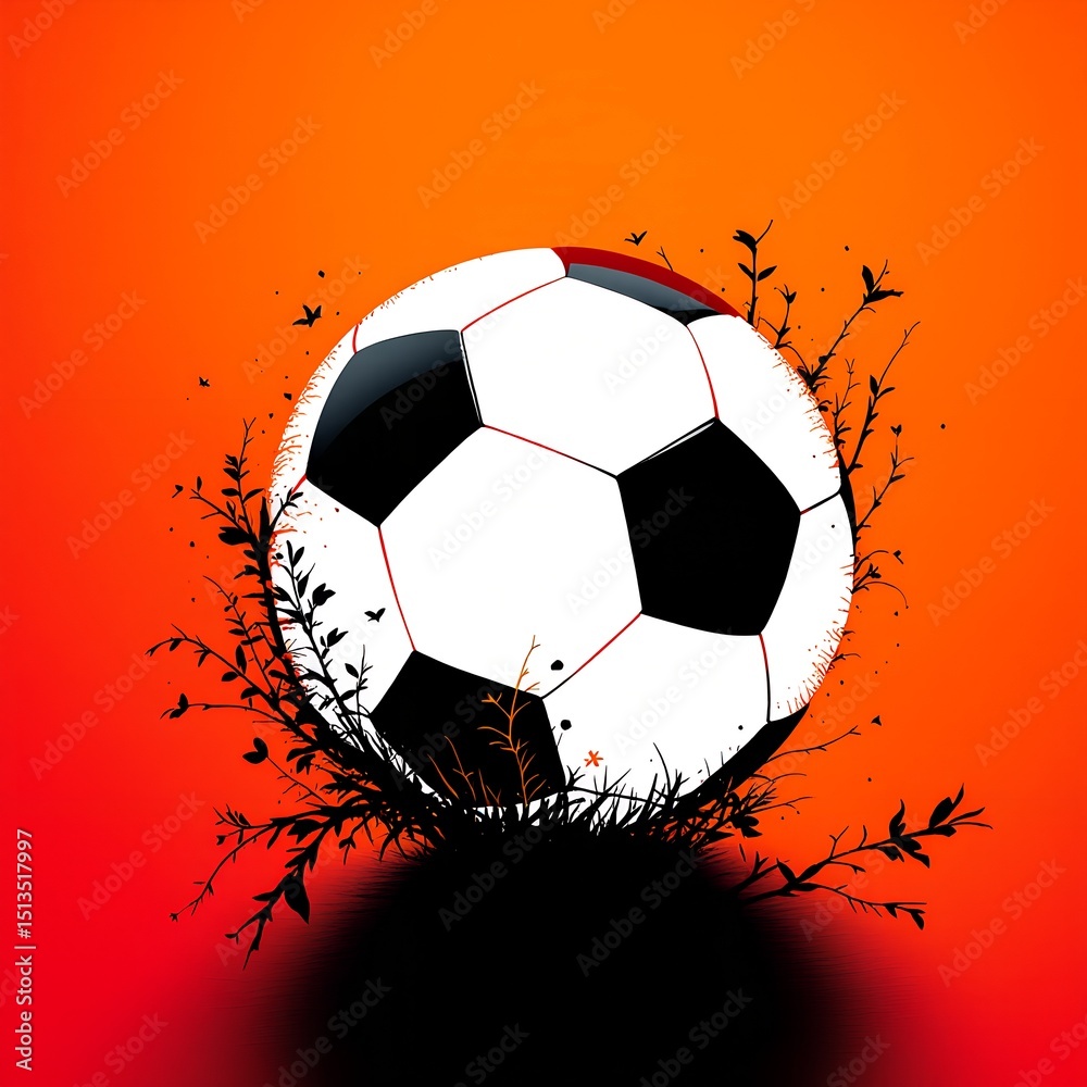 Naklejka premium Artistic soccer ball design with silhouette grass and birds against a vibrant orange and red background Jpg clipping path, social media, Advertisement, HD photo, close up, high quality, web, banner.