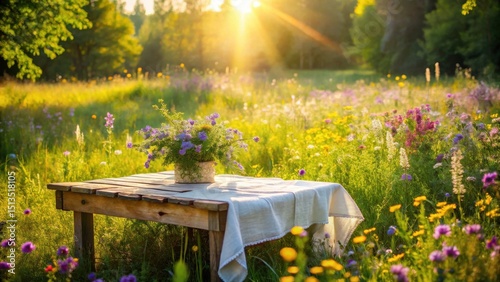 Fototapeta Naklejka Na Ścianę i Meble -  Rustic wooden table set with linen cloth in a vibrant wildflower meadow bathed in golden sunlight