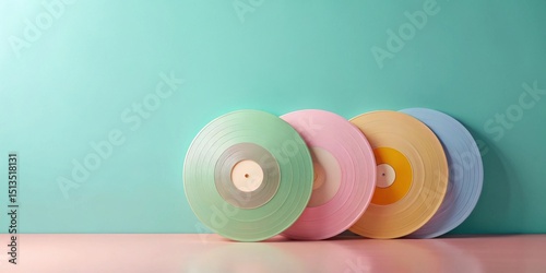 Wallpaper Mural Pastel-colored vinyl records rest against a mint green wall, a minimalist arrangement on a pale pink surface. Torontodigital.ca
