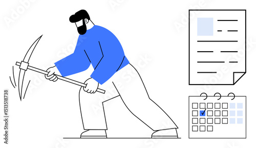 Man using pickaxe symbolizing hard work, next to calendar with marked date and document. Ideal for productivity, project management, goal setting, task planning, deadlines, milestones, flat simple