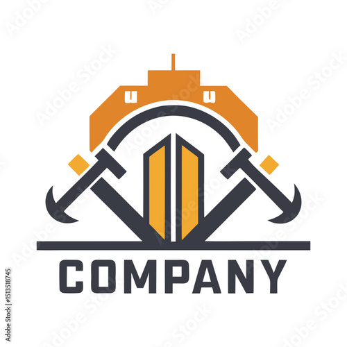 Modern company logo construction theme with golden building and tools