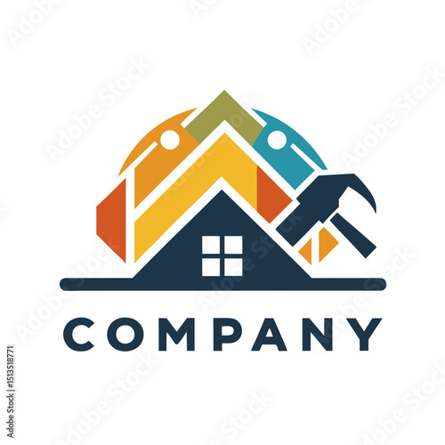 Colorful Home Repair Company Logo Design with Hammer Tool