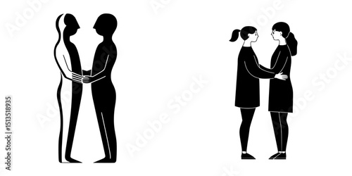 Icons of embracing figures representing love and connection in a simple black vector design, perfect for illustrating relationships and harmony
