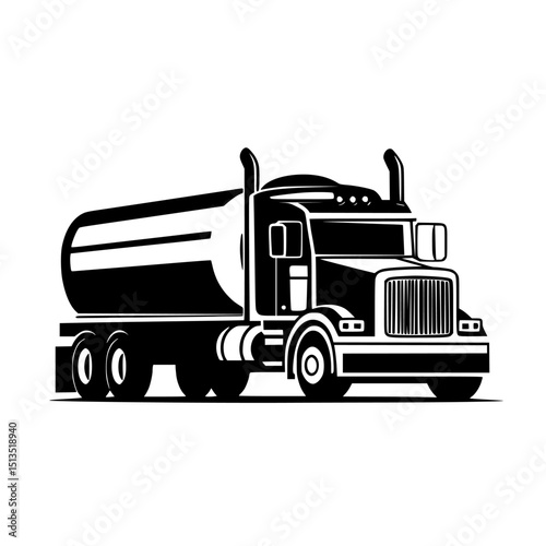 Black vector icon of a fuel tanker truck designed for transporting liquids on highways and roads in a sleek and modern style
