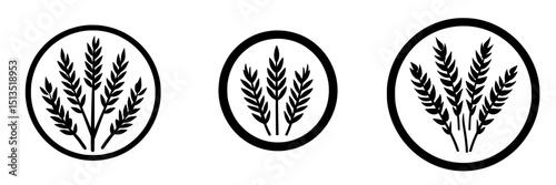 Stylized black vector icons of wheat, depicting various arrangements in circular designs for agricultural themes