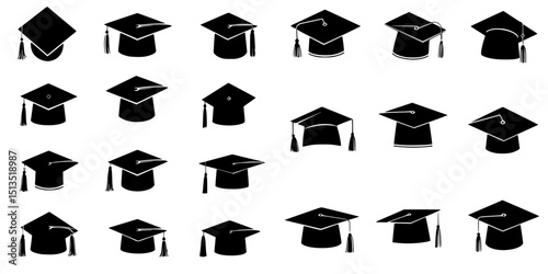 Various black vector graduation caps representing academic achievement and celebration in educational institutions