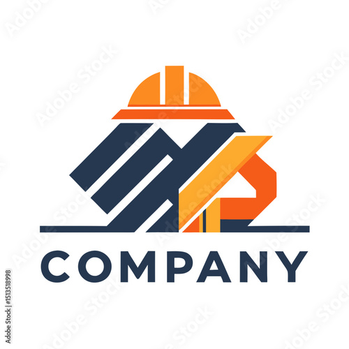 Construction company logo design with helmet and building blocks
